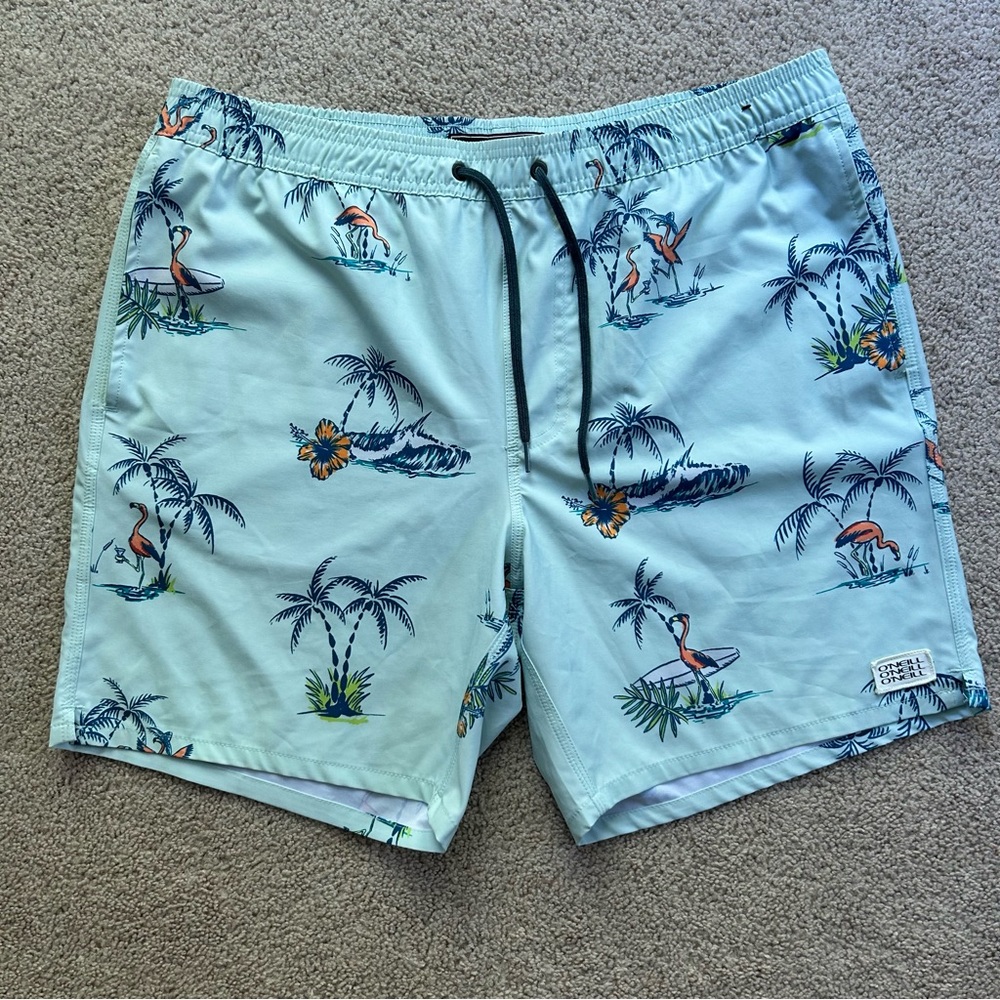 O'Neill Swim Shorts Mens Large Blue Palm Print Stretch Swim Trunks EUC